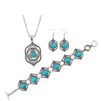 Tibetan Style Jewelry Sets, bracelet & earring & necklace, with Natural Turquoise, with 5cm extender chain, antique silver color plated, three pieces & ball chain & for woman, nickel, lead & cadmium free, 33x62mm,18x48mm, Length:Approx 8.27-20.87 Inch, Sold By Set