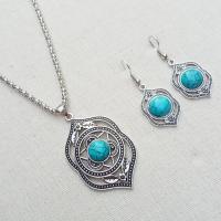 Zinc Alloy Jewelry Sets bracelet & earring & necklace with turquoise antique silver color plated three pieces & for woman & hollow nickel lead & cadmium free 54*30mm 42*17mm 245mm Length Approx 19.7 Inch Sold By Set