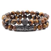 Natural Tiger Eye Bracelets, with Tibetan Style, plated, Unisex & anti-fatigue & with rhinestone, more colors for choice, 190mm,10mm, Length:Approx 7.4 Inch, 2Strands/Set, Sold By Set