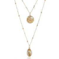 Tibetan Style Sweater Chain Necklace, with ABS Plastic Pearl & Shell, with 6cm extender chain, gold color plated, oval chain & for woman & 2-strand, nickel, lead & cadmium free, 15x24mm, Sold Per Approx 24.41 Inch Strand