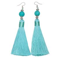Tibetan Style Tassel Earring, with Cotton Thread & Natural Stone, silver color plated, Bohemian style & for woman, more colors for choice, nickel, lead & cadmium free, 30x110mm, 2Pairs/Lot, Sold By Lot