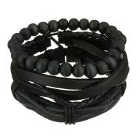Leather Bracelet Set, with Waxed Cotton Cord & Wood, Unisex, black, 8-16mm, Sold Per 7-10 Inch Strand