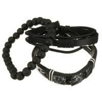 Leather Bracelet Set, with Waxed Cotton Cord & Wood, Unisex, black, 8-17mm, Sold Per Approx 7-10 Inch Strand