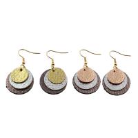 PU Leather Drop Earring with Zinc Alloy Flat Round gold color plated for woman Sold By Pair