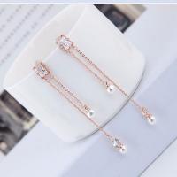 Zinc Alloy Drop Earrings with Plastic Pearl stainless steel post pin silver color plated for woman & with rhinestone nickel lead & cadmium free 73*7mm Sold By Pair