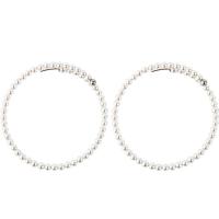Stainless Steel Hoop Earring, with Glass Pearl, silver color plated, for woman, white, nickel, lead & cadmium free, 60mm, Sold By Set