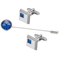 Brass Cufflinks, with Crystal, silver color plated, three pieces & Unisex & faceted, blue, nickel, lead & cadmium free, 16mm, 81mm, 15mm, Sold By Set