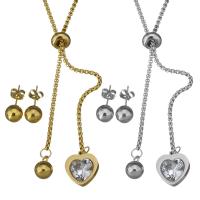 Fashion Stainless Steel Jewelry Sets, Stud Earring & necklace, box chain & for woman & with cubic zirconia, more colors for choice, 14x15mm,2mm,8mm, Length:Approx 19 Inch, Sold By Set