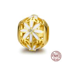 925 Sterling Silver European Beads, Chrysamthemum, real gold plated, micro pave cubic zirconia, 12x10mm, Hole:Approx 4.5mm, Sold By PC