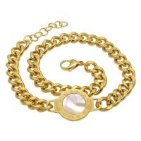 Stainless Steel Jewelry Bracelet, with White Shell, Flat Round, plated, twist oval chain & for woman, more colors for choice, Sold Per Approx 6.3-7.8 Inch Strand