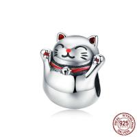 925 Sterling Silver European Beads, Fortune Cat, real silver plated, 11x10mm, Hole:Approx 4.5mm, Sold By PC