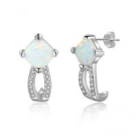 925 Sterling Silver Stud Earrings, with Opal, plated, for woman & with rhinestone, silver color, 16x8mm, Sold By Pair