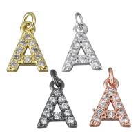 Cubic Zirconia Micro Pave Brass Pendant, Letter A, plated, micro pave cubic zirconia, more colors for choice, nickel, lead & cadmium free, 9x11.50x2.50mm, Hole:Approx 2.5mm, Sold By PC