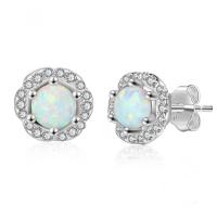 925 Sterling Silver Stud Earring, with Opal, plated, for woman & with rhinestone, silver color, 8x8mm, Sold By Pair
