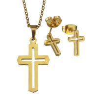 Fashion Stainless Steel Jewelry Sets, Stud Earring & necklace, Cross, oval chain & for woman, gold, 14x25mm,1.5mm,7x11mm, Length:Approx 19 Inch, Sold By Set