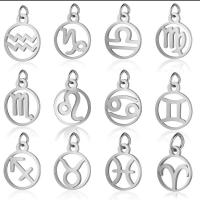 Titanium Steel 12 Constellations Charm 10pcs Zodiac Sign Pendants Charms Original color Hollow Flat Round with Constellation Pendant for DIY Jewelry Craft Making