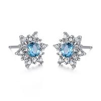 Brass Stud Earring Snowflake Korean style & micro pave cubic zirconia & for woman blue nickel lead & cadmium free Sold By Pair