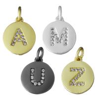 Cubic Zirconia Micro Pave Brass Pendant, Flat Round, plated, letters are from A to Z & different designs for choice & micro pave cubic zirconia, more colors for choice, nickel, lead & cadmium free, 11x13x2mm, Hole:Approx 3mm, 10PCs/Lot, Sold By Lot