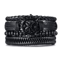 Leather Cord Bracelet, PU Leather, bracelet, with Wood & Tibetan Style, gun black plated, 4 pieces & dyed & for man, black, Length:Approx 10 Inch, Approx 10Strands/Lot, Sold By Lot