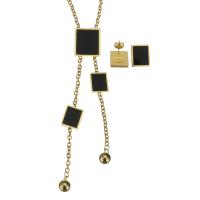 Fashion Stainless Steel Jewelry Sets, Stud Earring & necklace, with Resin,  Square, oval chain & for woman, gold, 120mm,18x22mm,3mm,12x15mm, Length:Approx 20 Inch, Sold By Set