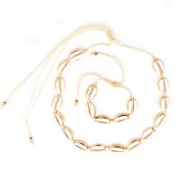 Zinc Alloy Jewelry Sets bracelet & necklace with Cotton Cord & Shell plated 2 pieces & Adjustable & fashion jewelry & for woman golden Sold By Set
