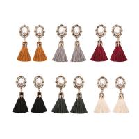 Tibetan Style Tassel Earring, with Cotton Thread & Plastic Pearl, stainless steel post pin, plated, for woman, more colors for choice, nickel, lead & cadmium free, 22x76mm, 3Pairs/Lot, Sold By Lot