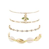 Tibetan Style Anklet, with Shell, with 5cm extender chain, gold color plated, 4 pieces & for woman & with rhinestone, nickel, lead & cadmium free, 15mm,12mm, Length:Approx 9.85 Inch, Approx 6.30 Inch, Approx 7.09 Inch, Approx 7.88 Inch, 4Strands/Set, Sold By Set