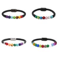 Gemstone Bracelets, Leather, with Gemstone & Stainless Steel, Round, Unisex, more colors for choice, nickel, lead & cadmium free, 8mm, Length:7 Inch, Sold By PC