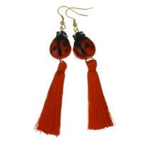 Fashion Fringe Earrings Stainless Steel with Cotton Thread & Glass Ladybug gold color plated for woman 89mm Sold By Pair