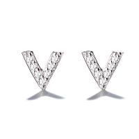925 Sterling Silver Stud Earrings Letter V platinum plated micro pave cubic zirconia & for woman Sold By Pair