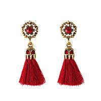 Tibetan Style Tassel Earring, with Nylon Cord, gold color plated, with rhinestone, more colors for choice, nickel, lead & cadmium free, 55mm, Sold By Pair