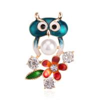 Tibetan Style Brooches, with Plastic Pearl, Owl, gold color plated, for woman & with rhinestone, nickel, lead & cadmium free, 27*45mm, Sold By PC