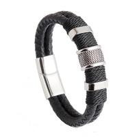 PU Leather Bracelet with Titanium Steel titanium steel magnetic clasp silver color plated & for man black Sold By Strand