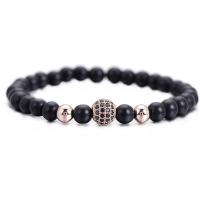 Black Agate Bracelets, with Cubic Zirconia & Brass, plated, Unisex & micro pave cubic zirconia, more colors for choice, 8mm, Sold Per Approx 7 Inch Strand