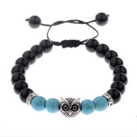 Obsidienne bracelet, avec corde en nylon & turquoise synthétique, hibou, Réglable & unisexe, noire, 8mm, Longueur:6.5-9.8 pouce, Vendu par PC
