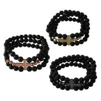 Cubic Zirconia Micro Pave Brass Bracelet, with Black Agate, Cross, plated, micro pave cubic zirconia, more colors for choice, nickel, lead & cadmium free, 23x17mm,8.5x8.5mm,6x6mm, Length:Approx 7 Inch, 5Strands/Lot, Sold By Lot