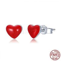 925 Sterling Silver Stud Earrings Heart platinum plated for woman & enamel Sold By Pair