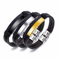 PU Leather Cord Bracelets with Stainless Steel Round for man nickel lead & cadmium free Length Approx 8 Inch Sold By PC