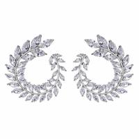 Brass Stud Earring with Cubic Zirconia Leaf platinum plated for woman nickel lead & cadmium free 36*32mm Sold By Pair