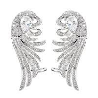 Brass Stud Earring with Cubic Zirconia Wing Shape platinum plated for woman nickel lead & cadmium free 40*18mm Sold By Pair