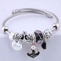 Zinc Alloy Cuff Bangle with Lampwork & Plastic Pearl silver color plated for woman & with rhinestone nickel lead & cadmium free 55mm Sold By PC