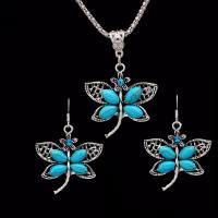 Tibetan Style Jewelry Sets, earring & necklace, with Natural Turquoise, with 5cm extender chain, antique silver color plated, wave chain & for woman & with rhinestone, nickel, lead & cadmium free, 30x33mm, Length:Approx 17.72 Inch, Sold By Set