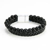 Tibetan Style Bracelet, with Natural Stone & leather cord, Round, plated, Double Layer & for man, more colors for choice, nickel, lead & cadmium free, 210mm, Sold By PC