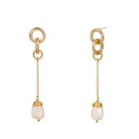 Zinklegierung Ohrringe, mit ABS-Kunststoff-Perlen, goldfarben plattiert, für Frau, frei von Nickel, Blei & Kadmium, 13x74mm, verkauft von Paar
