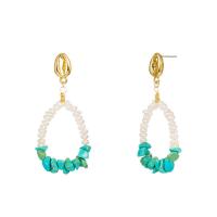 Tibetan Style Drop Earrings, with ABS Plastic Pearl & Natural Turquoise, gold color plated, for woman, nickel, lead & cadmium free, 26x57mm, Sold By Pair