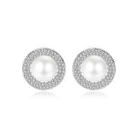 Brass Stud Earring with Cubic Zirconia & Plastic Pearl platinum plated micro pave cubic zirconia & for woman nickel lead & cadmium free 14*14mm Sold By Pair