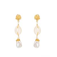 Tibetan Style Drop Earrings, with ABS Plastic Pearl, gold color plated, for woman, nickel, lead & cadmium free, 16x76mm, Sold By Pair