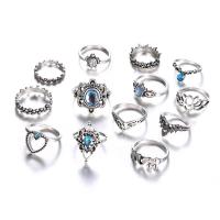 Tibetan Style Ring Set, finger ring, real silver plated, 13 pieces & for woman & with rhinestone, 13PCs/Set, Sold By Set