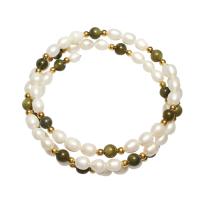 Wrap Bracelet, Freshwater Pearl, with Green Aventurine & Brass, Potato, gold color plated, for woman, white, 5x6mm, Sold Per Approx 7.5 Inch Strand