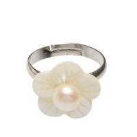 Freshwater Pearl Finger Ring with White Shell & Brass Flower silver color plated adjustable & for woman white US Ring Sold By PC